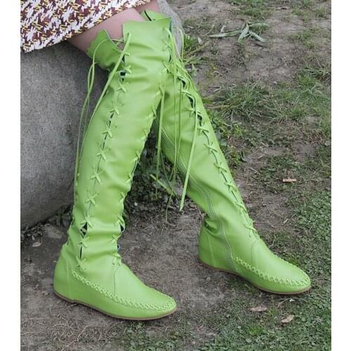 European Women Popular Flat Side Straps Banadge Long Boots Over the Knee Boots Gladiator Front Lace up Woman mujer Knight Botas