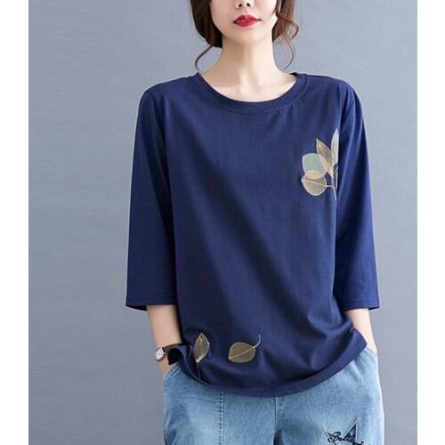 Plus Size Navy White T-shirt Women Summer Casual Clothes 2021 New Style O-neck Vintage Leaves Embroidery Tees Loose Tops Shirts