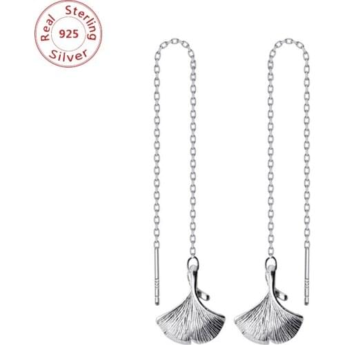 Solid 925 Sterling Silver Ginkgo Biloba Leaf Drop Earrings for Women Long Chain Girl Earring Fashion Silver Jewelry