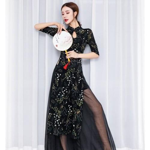 Mesh Belly Dance Dress For Women Chinese Style Classical Dance Costume Practice Wear Stage Costume Lyrical Dance Qipao JL1693