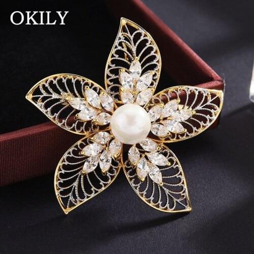 Gorgeous Cubic Zircon Wedding Brooch Pin Jewelry Flower Brooches for Women Paved CZ Petal Floral Broach with Pearl Accessories