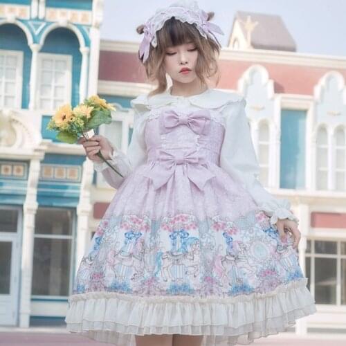 Japanese princess daily sweet lolita dress vintage lace bowknot high waist cute printing victorian dress kawaii girl jsk loli