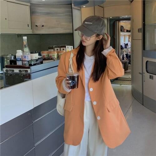Fried Street Eye-Catching Cream Orange ~ Korean Style Casual All-Match Loose Show White Long Sleeve Girl Suit Jacket New