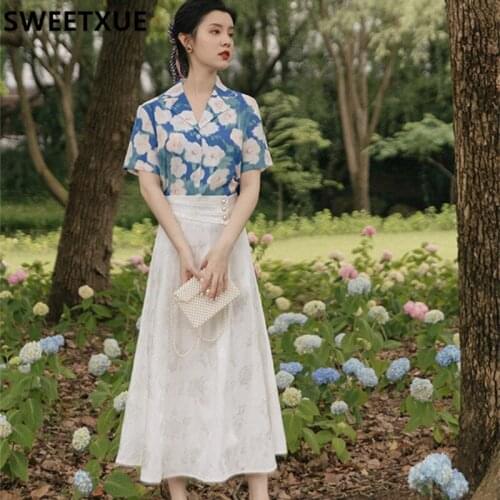 SWEETXUE 2 Piece Sets Womens 2021 Summer Print Shirt Retro Blouse Female High Waist Button Jacquard Temperament Skirt OL Outfits