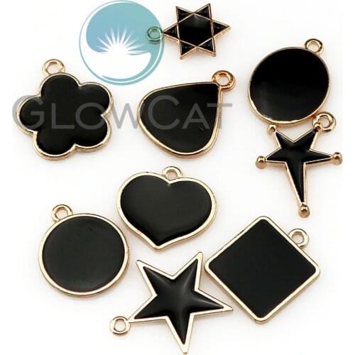 20X Black Enamel Square Star Flower Heart Round Charms fit Earrings Pendant Keyrings Jewelry Making