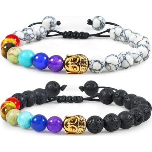 Buddha 7chakras Beads Bracelet Natural Tiger Eye Lava Stone Yoga Prayer Handmade Adjustable Bracelets For Men Women Jewelry Gift