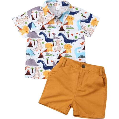 Children Summer Clothes Set Kids Baby Boys Cartoon Dinosaur Print Shirts+Yellow Shorts Fashion Boy Outfits Clothes Set 1-4T