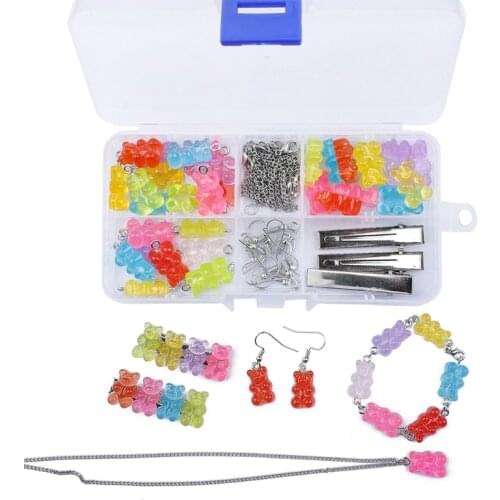 DIY Earrings Kit Bear Charm Necklace Pendant Lobster Clasp Jump Rings Earring Hook Hair Clip for Jewelry Making Bracelet Set