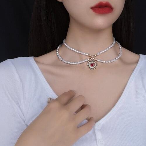 Elegant Fashion Imitation Pearl Chain Double Layer Necklaces Vintage Korean Party Jewelry Heart Pendant Necklaces For Women Gift