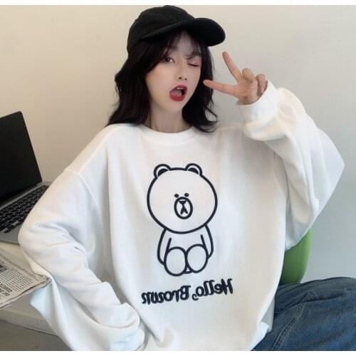 Fleece Sweater Women Loose Cartoon Bear Embroidery Round Neck Pullover hoodie women