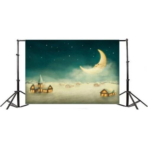 Photography Backdrop Christmas Village House Shining Moon Starry Night Blue Sky Heavy Snow Cartoon Fairytale Girl