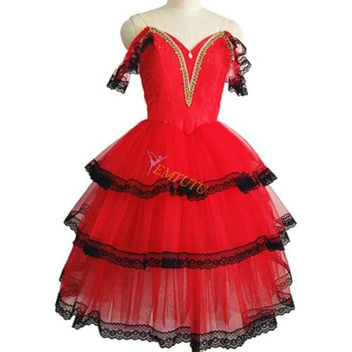 Don Quixote Professional Ballet Long Tutu Black Red Spanish Kitri Ballet Costume Romantic Tutu Ballerina Ballet Tulle Dress