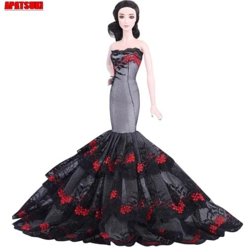 Black Red Floral Off-Shoulder Lace Mermaid Dress for Barbie Doll Outfits Party Gown for 1/6 BJD Kids DIY Dollhouse Toy Gifts