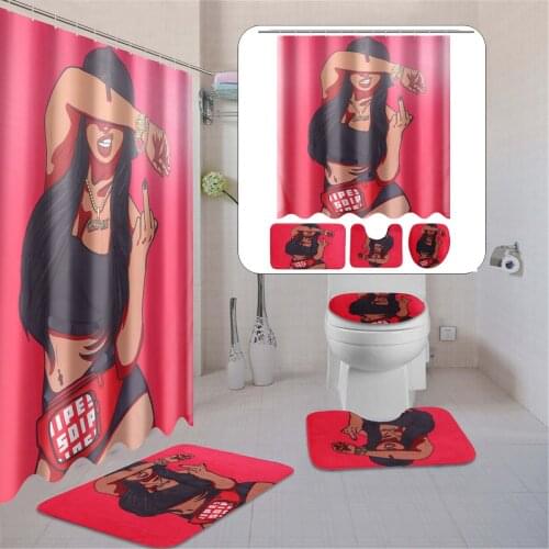 Girl Shower Curtain Set 4 Pcs Bath Rug Lid Sets Toilet Cover Bath Mat Set Bathroom Decor Accessories Curtains With Hooks