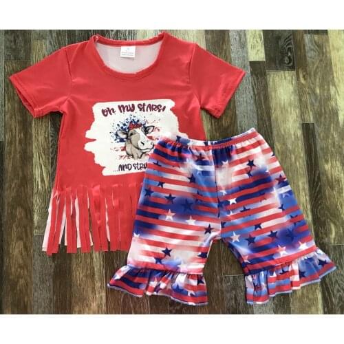 Newest Kids Summer Clothing Baby Girls' Fringed Bow Cowhead Print Independence Day Striped Lace Shorts Set