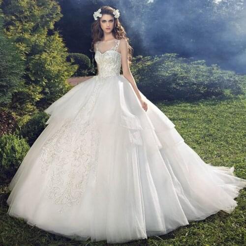 New Arrivals O-Neck Sleeve Lace Up Back Beading Appliques Tulle Gorgeous Ball Gown Wedding Dresses Plus Size Vestido