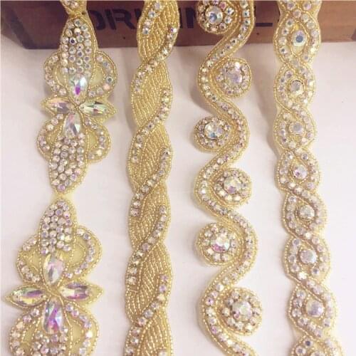 New Product Golden AB Color Hand-sewn Diamond Ornaments Rhinestone Lace Wedding Dress Accessories Belt Gold Beading Stone Trim