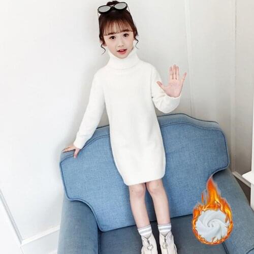 2020 Autumn Winter New Girls Plus Velvet Knitted Dress Solid Color Kids Turtleneck Sweater Dress Long Slim Girls Dresses K193