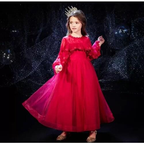 Flower Girl Dress Illusion Embroidery Full O-Neck Princess Floor-Length Tulle Lace Luxury Red Elegant Cute Kids Party Gown H467