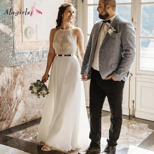 Simple Lace Wedding Dress Boho Chiffon A-Line Sleeveless Wedding Dresses 2021 Backless Wedding Party Dress Bridal Dress Gown