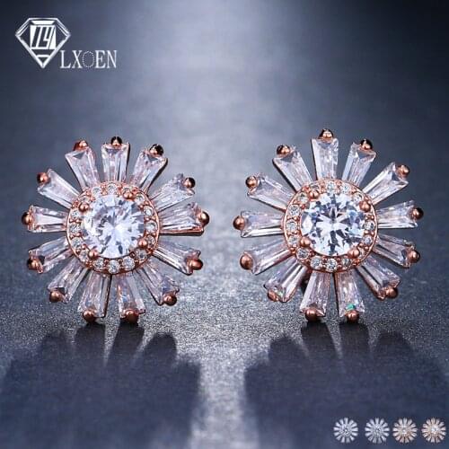LXOEN Flower Round Crystal Stud Earrings for Women With Silver Color Small Studs Ear Jewelry Gift brinco bijoux