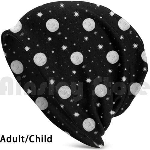 Celestial Full Moon Black & White Hat Beanies Knit Hat Hip Hop Monochrome Black Celestial Moon Pattern Moon