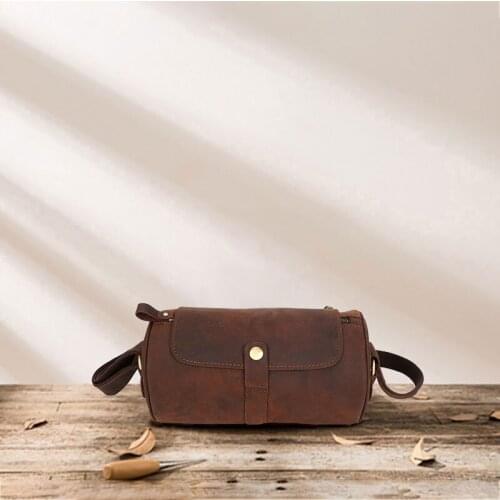 Crazy Horse Leather Shoulder Bucket Bag Genuine Retro Cowhide Brown Movement Cylinder Pack Outdoor Travel Male Messenger Bags