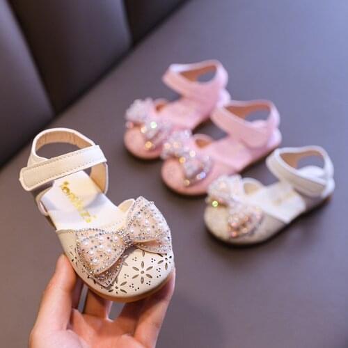 Princess Shoes Soft Sole Summer 2021 New Kids Leather Shoes Baby Shoes for Girls Bow-knot Hollow Breathable Cute for Wedding