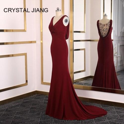 Sexy V Neck Formal Dress 2020 Wine Red Crystal Beaded Sleeveless Court Train Evening Dresses Long Robe De Soiree Evening Gown