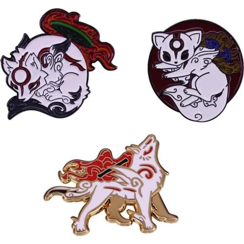 Japanese Mytholog Sun Goddess Amaterasu Okami Wolf Brooch Pins Enamel Badges Lapel Pin Brooches Fashion Jewelry Accessories