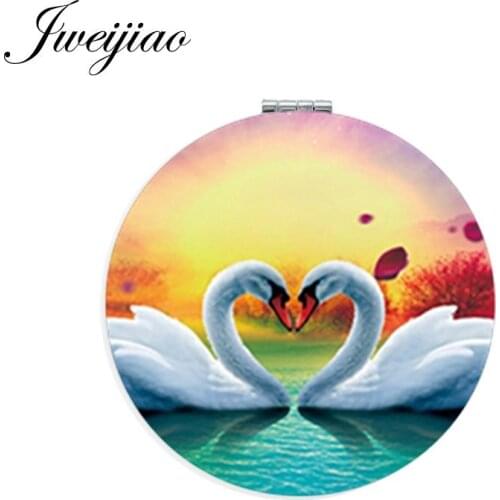 Youhaken Swan For LOVERS Pocket Mirror Round Mini Folding Compact Portable 1X/2X Magnifying Makeup Mirror PU Leather