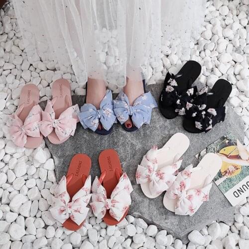 Women Beach Slippers Flat Floral Slides Sweet Silk Bow Flat Shoes Flip Flop Women Clip Toes Summer Casual Fashion Slippers