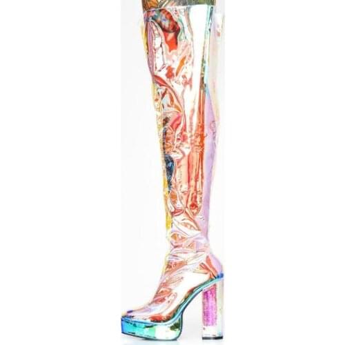 Dipsloot Woman Fashion Clear PVC Colorful Over The Knee Boots Female Round Toe Transparent Square Heels Zipper Thigh Long Boots