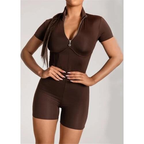 Ladies Short Sleeve Girdle Playsuits Womens Sexy Wrapped Chest Stand Collar Zipper Corset Short T-Shirt Tight Shorts Jumpsuit