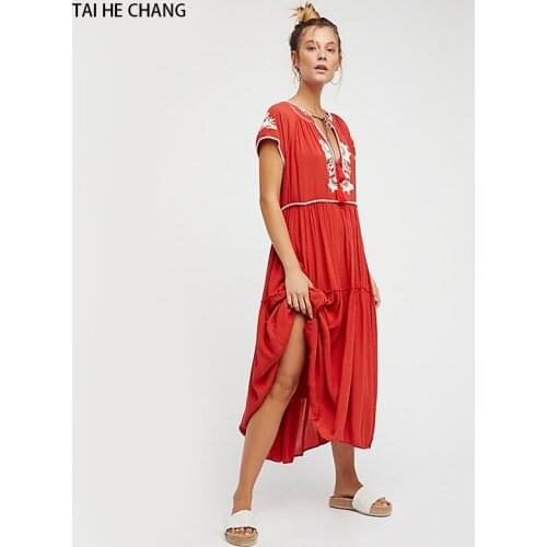 Women dress new summer vestidos vintage embroidery bohemian runway sexy beach party deep v-neck loose midi dress