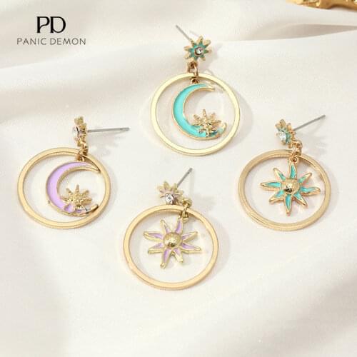 Panic Demon Simple Ladies Jewelry Retro Creative Alloy Drop Oil Star Moon Earring Jewelry