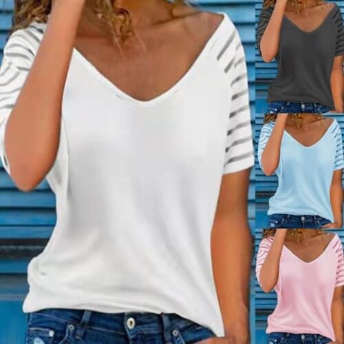 2021 New Trend Womens T Shirt V Neck Casual Loose Short Sleeve Top Summer Fashion Sexy Striped Camisetas Mujer