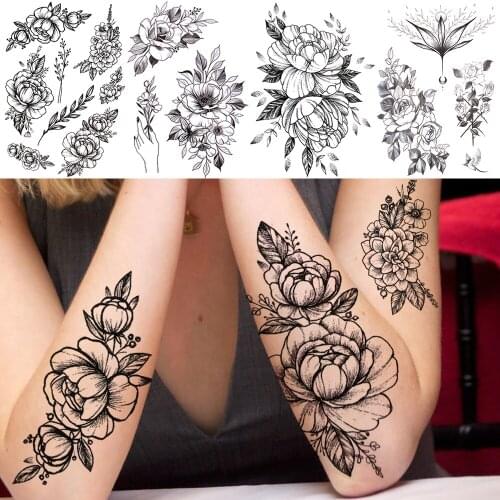 3D Black Rose Temporary Tattoo For Women Adult Realistic Dahlia Peony Leaf Flora Fake Tattoo Sticker Large Tatoo Paper Forearm
