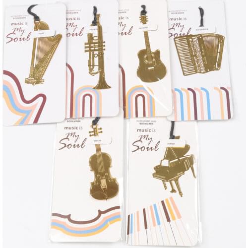 6Pcs/set Vintage Music Instruments Piano Guitar Trumpet Golden Metal Bookmarks Paper Clips for Kids Gift School Stationery