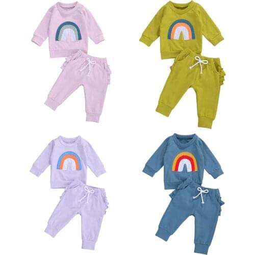 6M-3Years Autumn Newborn Baby Boys Girls Long Sleeve Cute Rainbow Splice T-shirt Long Pants Newborn Infant Set