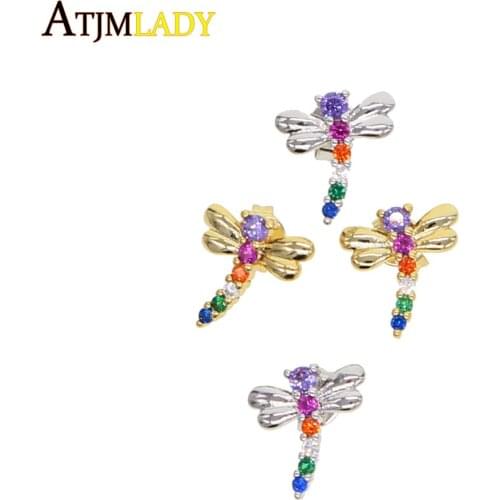 Delicate Gold fashion jewelry colorful cz paved cute animal dragonfly stud earring trendy sweet adorable women jewelry