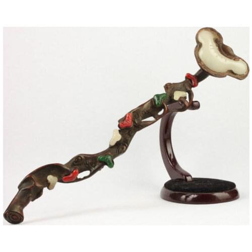 Exquisite Vintage Handmade Decoration Sculpture Copper Inlaid Artificial Jade Auspicious Ruyi Statue