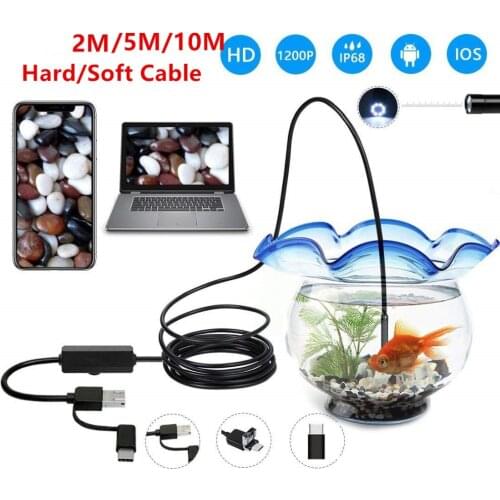 3 In 1 USB 2/5/10M Endoscope Soft / Hard Cable 1200P Borescope Inspection Camera for Android Type-c PC Waterproof Snake Camera