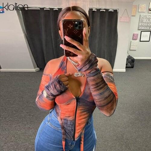 KLALIEN Sexy Print Mesh V Neck Low Chest Off Shoulder Zipper Female T Shirt 2021 Spring New Casual Street Slim Elastic Top Women