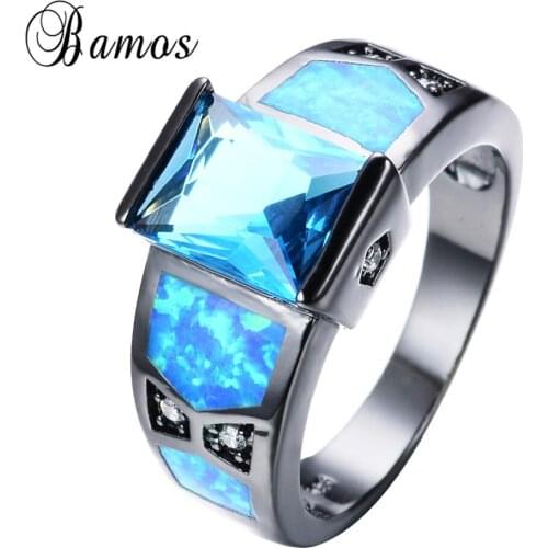 Bamos Gorgeous Blue Fire Opal Rings For Women Men Black Gold Filled Wedding Party Engagement Love Ring Birthday Gift RB1315