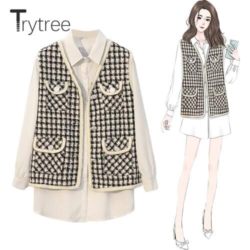 Trytree 2021 Spring Summer Two piece set Casual Single Breasted Tweed Plaid Vest + White Blouse Office Lady Suit 2 Piece Set