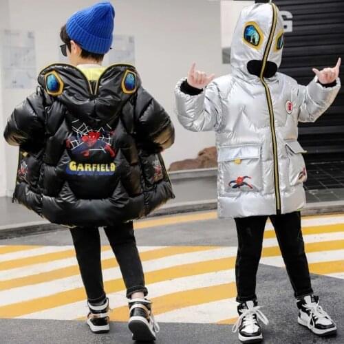 Boys Parker Winter Cotton Down Jacket Big Childrens Winter Glasses Jacket Coat Mid-Length Handsome Kids Bright Leather Clothing