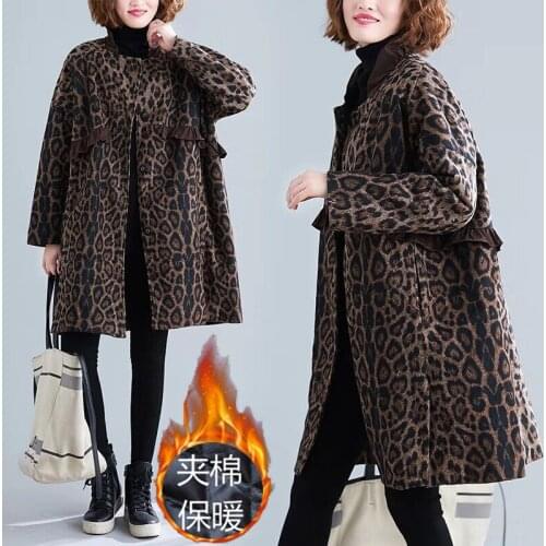 Leopard Print Womens Jacket Autumn Winter Mid-Long Blended Woolen Keep Warm Quilted Coat Fashion Plus Size Ladies Woolen Jacke