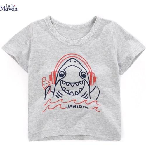Little Maven Children 2021 Summer Baby Girl Clothes Shark Print Tee Tops Brand 100% Cotton Gray T Shirt for Kids 2-7 Years 51970