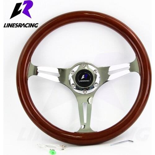 LR Universal 14" 350mm Wood Grain Steering Wheel 6 Bolts 1.75" Dish 3-Spoke Wood